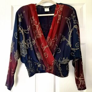 Vintage Womens Carole Little Top Size 12 Boho Y2K 90s Artsy Surplice V Neck